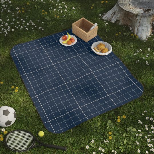 Navy & Cream Micro Grid Picnic Mat, Architectural Preppy Park Beach Concert Camping Mat, Tailgate Gift