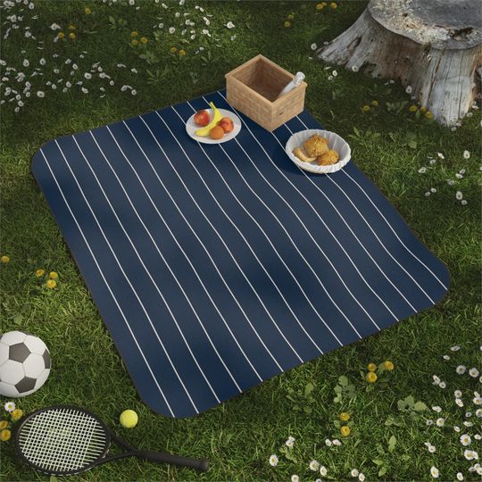 Navy & Cream Stripe Picnic Mat, Classic Preppy Park Beach Concert Camping Mat, Tailgate Gift