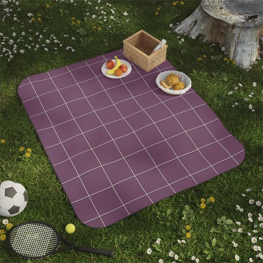 Dusty Plum Windowpane Picnic Mat , Classic Preppy Park Beach Camping Throw, Gift