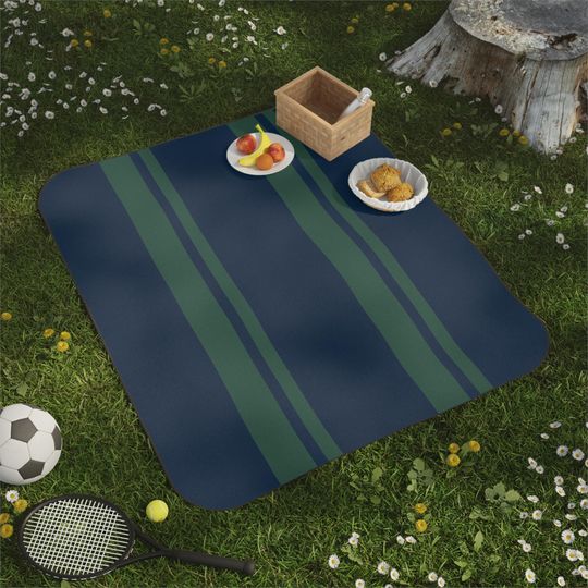 Navy & Green Stripe Picnic Mat , Classic Preppy Park, Beach, Camping, Gift