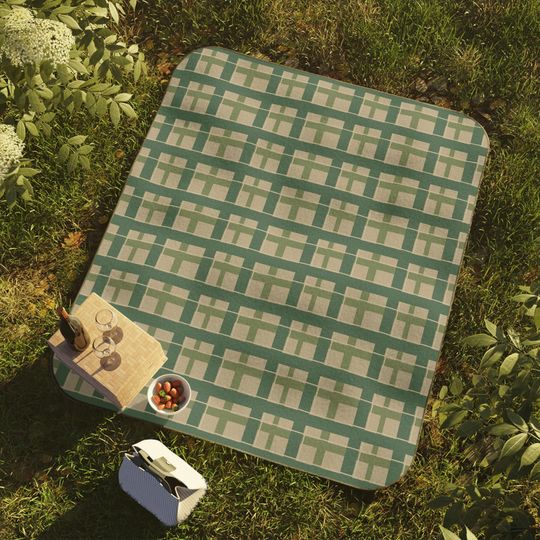 Blue-Green, Moss, Khaki & Beige Plaid Picnic Mat ,  Modern Nature-Inspired Park, Beach, Camping, Gift
