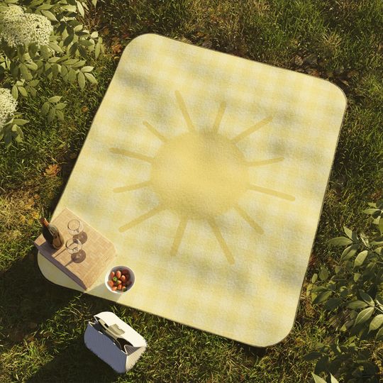 Sunshine Yellow Gingham Picnic Mats| Fleece Outdoor Picnic Mat with Carry Strap & Water-Resistant Back