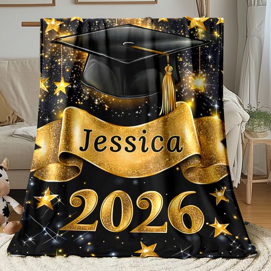 Discover Personalized Graduation Blanket 2026 Jessica Golden Cap Stars Sparkle Soft Fleece Throw College Gift Home Decor