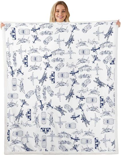 Discover Airplane and Car Blanket Vehicle Pattern Fleece Throw Kids Room Decor Transportation Theme Cozy Bed Cover