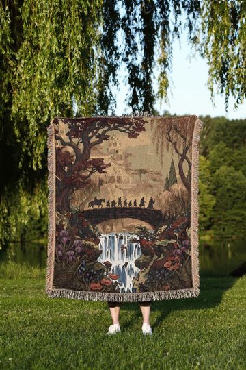 Fantasy Fellowship Journey Woven Blanket: Elven City Landscape Tapestry, Fantasy Book Gift