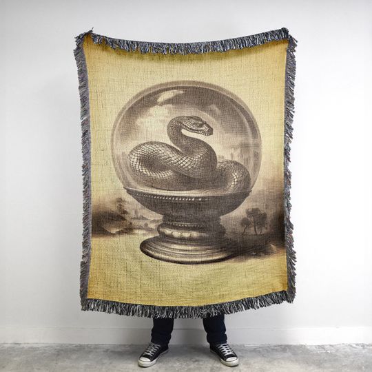 Vintage Crystal Ball with Snake Woven Blanket  Psychic Desert Decor, Slytherin Inspired, Magical Reptile Tapestry, Dark Magic Decor Serpent