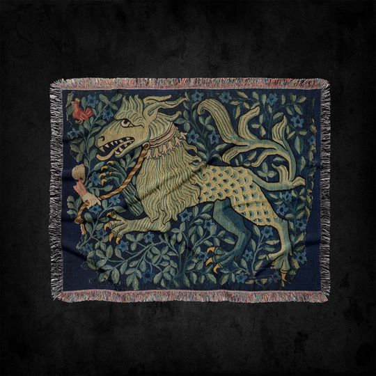 Medieval Fantastical Beast Woven Throw Blanket: Medieval Fantasy Art Tapestry
