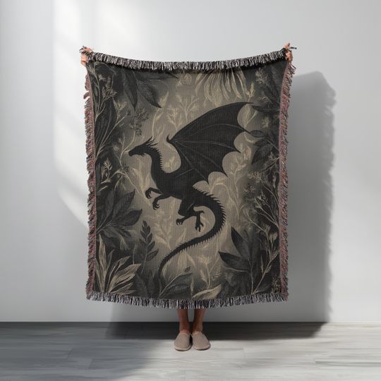 Minimalist Medieval Dragon Woven Blanket, Fourth Wing Inspired Throw, Gothic Botanical Pattern Tapestry
