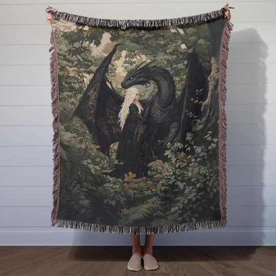 Discover Woven Tapestry Blanket  Dark Fantasy Witch and Wyvern Forest Artwork