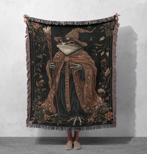 Frog Wizard Woven Blanket, Fantasy Tapestry Throw, Witchy Cottagecore Decor, Mystical Cozy Gift