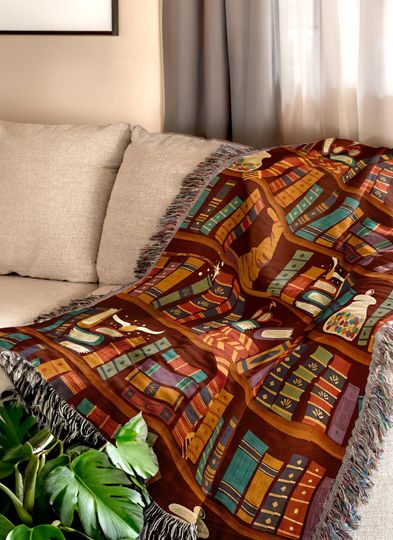 Magical Bookshelf Woven Blanket - HP Inspired Wizard Decor, Cozy Potterhead Gift, Wizard Book Tapestry Throw