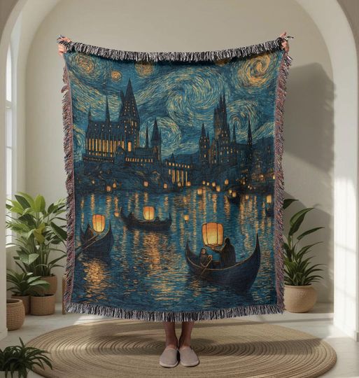 Wizard School 100% Cotton Woven Blanket, Magic Castle Woven Throw, Fan Art Tapestry Blanket, Gift For Potter Fan Friend, Art Lover Couch