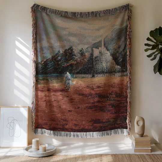 Fantasy White City Woven Blanket: Epic Wizard Rider Tapestry, Fantasy Book Gift