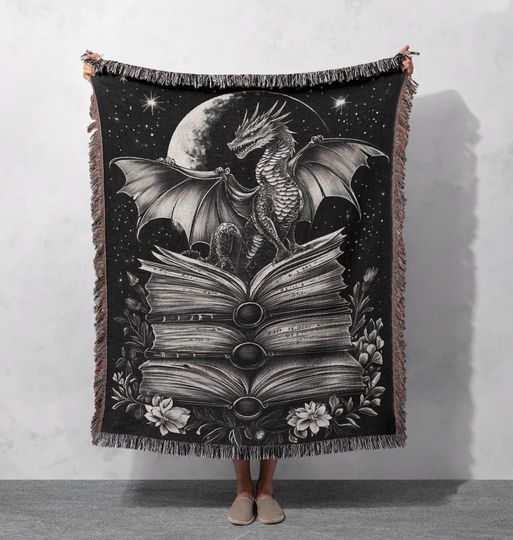 Mystical Dragon & Books 100% Cotton Woven Blanket, Dark Fantasy Throw, Gothic Library Tapestry, Wizard Decor