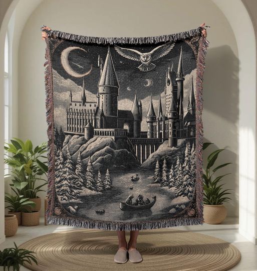 Magical Castle 100% Cotton Woven Blanket, Wizard School Throw Blanket, Book Lover Gift For Friend, Dark Academia Woven Blanket, Flying Owl