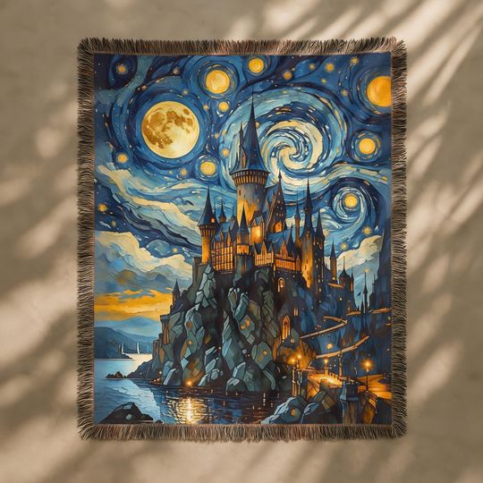 Wizard School Book Blanket, Magic Castle Large Tapestry, Bookish Fantasy Tapestry Blanket, Starry Night Woven Wall Hanging, Book Lover Gift