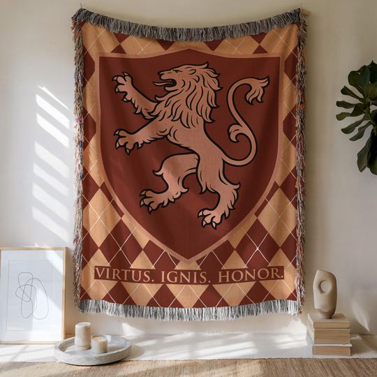 Discover Wizard School Blanket for Book Lovers  Heraldic Lion Crest Throw, Magic Motto Tapestry, Fantasy Dorm Decor, Cozy Reader Gift,