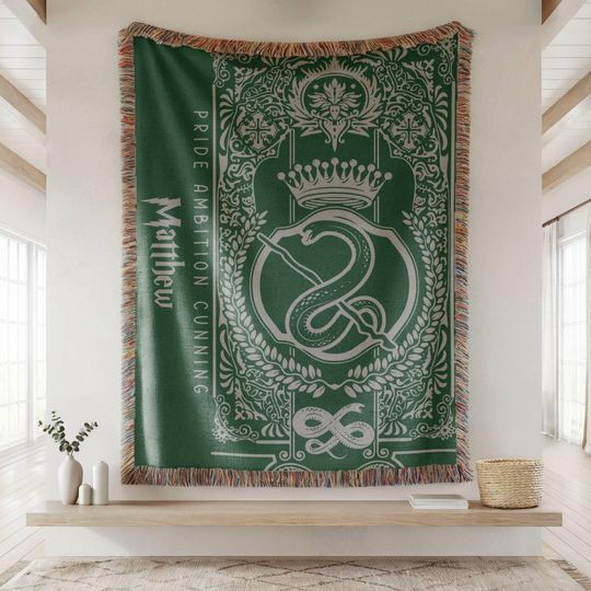 Discover Vintage Personalized Name Wizarding School Serpent House Woven Blanket, Custom Name Wizard House Blanket, Wizard World Gift Woven Blanket