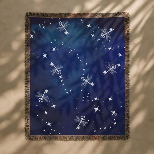 Discover Magic Flying Keys Woven Blanket, Fantasy World Book Lover Gift, Wizard School Large Tapestry Blue Bookish Textile Wall Art Magic World Decor