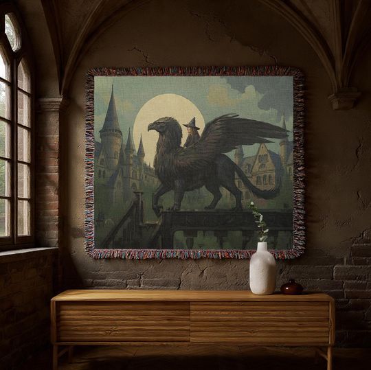 Gryffin At Hogwarts Blanket | Wizard Wall Hanging Rug | Gryphon Decor | Mythical Creature Medieval Tapestry Gift