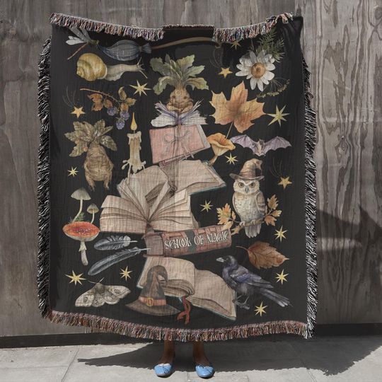 Discover Cute Bookish Woven Blanket Magical Throw Witchy Gift Cozy Comforter Book Lover Tapestry Birthday Gift Daughter Gift Son School of Magic