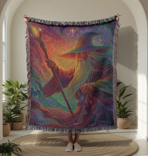 Wizard Magic Throw 100% Cotton Woven Blanket, Fantasy Blanket, Wizard Gift, Mage Blanket, Sorcerer Decor, Magical Gift, Fantasy Art, Mystic.
