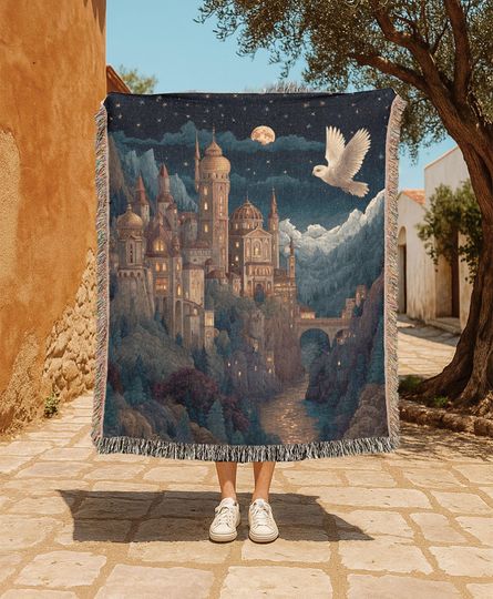 Magic School Fan 100% Cotton Woven Blanket, Fantasy Reader Gift Throw Blanket, Book Lover Hobby Woven Blanket, Wizard Castle Art Tapestry