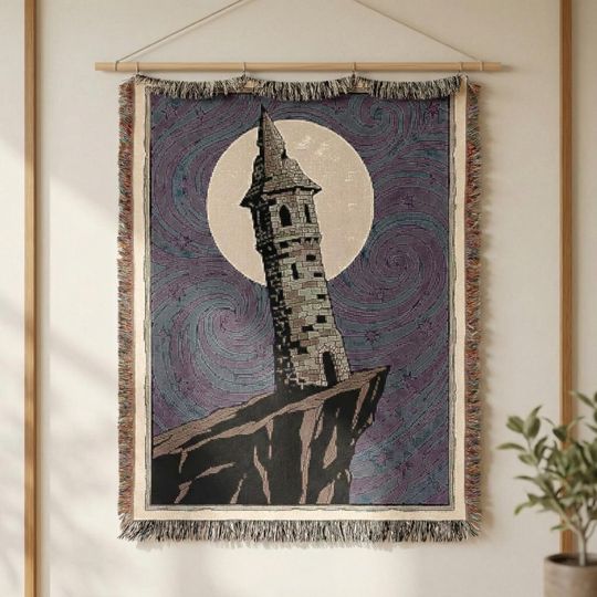 Wizard Tower Woven Blanket - Van Gogh Style Tapestry - Fantasy Castle Decor - Starry Night Art - Magic Landscape Gift - Witchy Moon Throw