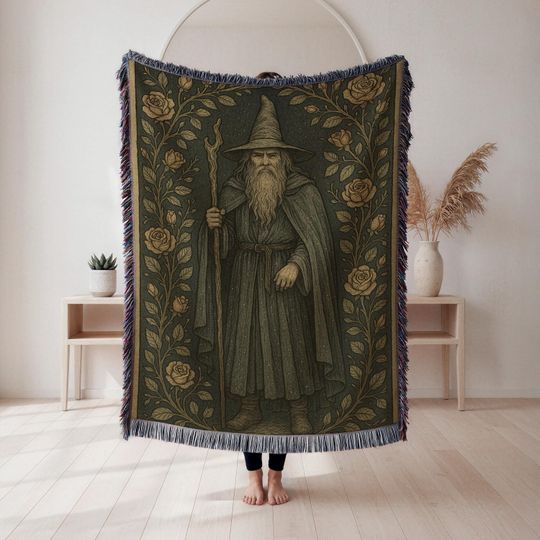 Discover Mystical Wizard Themed Woven Blanket, Fantasy Magic Home Decor, Medieval Style Woven Cover, Ideal Gift for Fantasy Enthusiasts, Home Decor