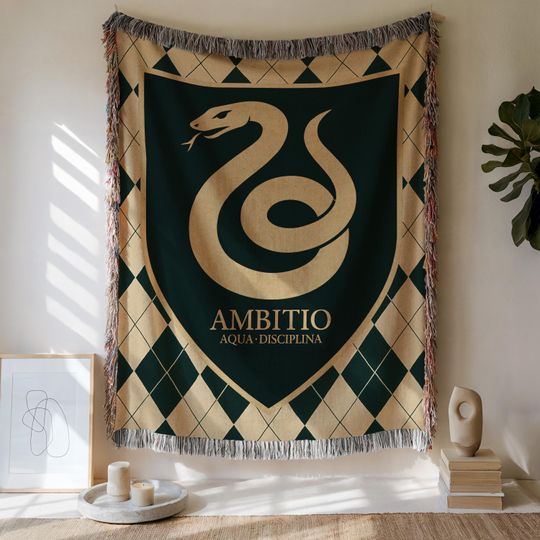 Wizard School Green Snake Blanket  Serpent Crest Throw, Gothic Dorm Decor, Fantasy Gift for Book Lovers, Heraldic Tapestry