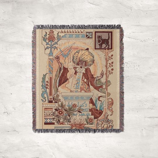 Discover Eugene Grasset - Oriental Sorcerer Vintage Illustration, Woven Cotton, Art Nouveau, Wizard Throw Blanket