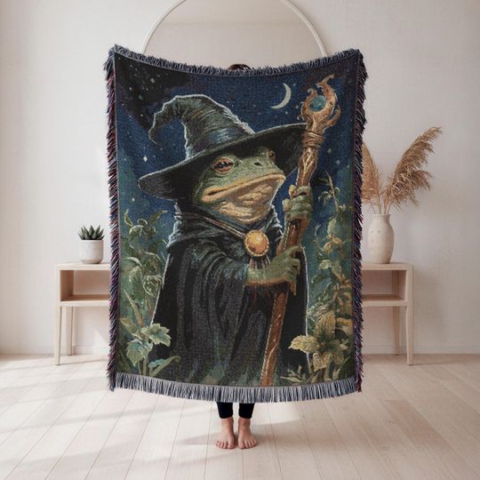 Wizard Frog Woven Blanket, Frog Lover Fantasy Throw, Medieval Frog Wizard Tapestry, Whimsigoth Goblincore Wall Art, Magical Home Decor