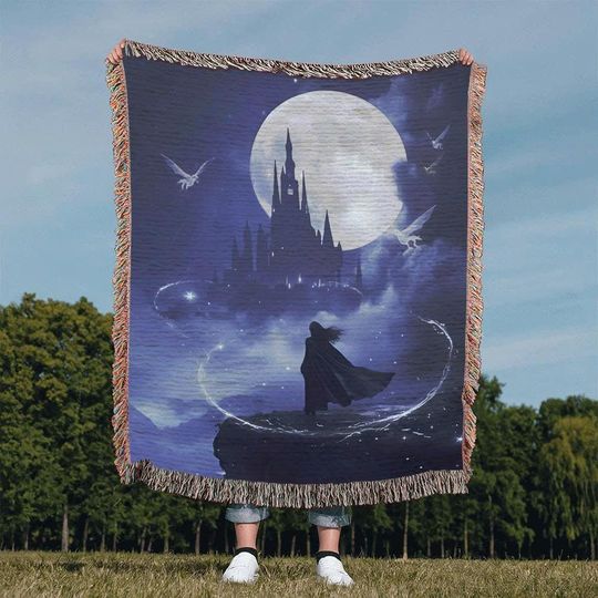Midnight Castle Woven Blanket, Celestial Moon Tapestry, Ethereal Wizard Castle Wall Art, Dark Purple Fantasy Throw, Witchy Home Decor