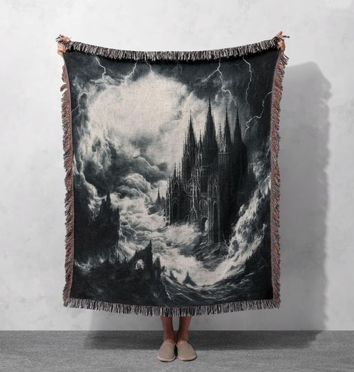 Discover Gothic Storm Castle Woven Blanket , Mystery Magical Architecture Throw, Dark Fantasy Lightning Decor, Wizard World Fan Gift
