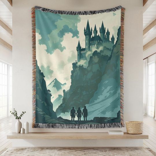 Wizard School Fantasy Tapestry, Magic Castle Large Tapestry, Teal Wizarding Book Blanket, Dark Academia Woven Wall Hanging, Book Lover Gift