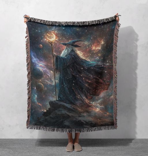 Discover Cosmic Wizard Staff Woven Blanket  Celestial Galaxy Fantasy, Mystical Hobby, Gift For D&D Player Blanket, Universe Magic