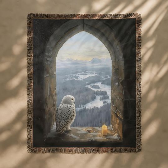 Discover Snowy Owl Fantasy Tapestry, Wizard School Window Large Tapestry, Magic World Woven Wall Hanging, Owlery Book Blanket, Book Lover Gift