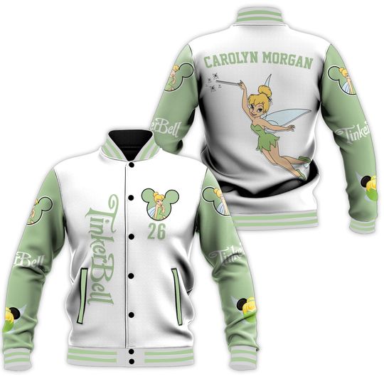 Custom Tinkerbell Varsity Jacket, Personalized Tinkerbell Baseball Jacket, Kids Youth Adult Varsity Jacket