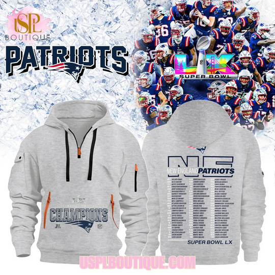 New England Patriots AFC Champs “Super Bowl LX” 2026 Gray Quarter Zip Hoodie