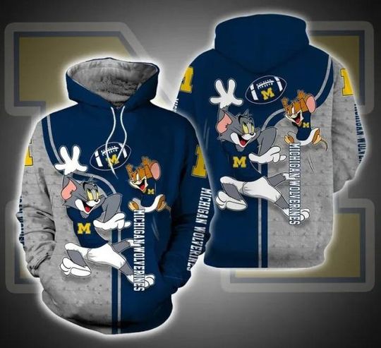 Tom and Jerry Play Football For Michigan Wolverines 3D Hoodie