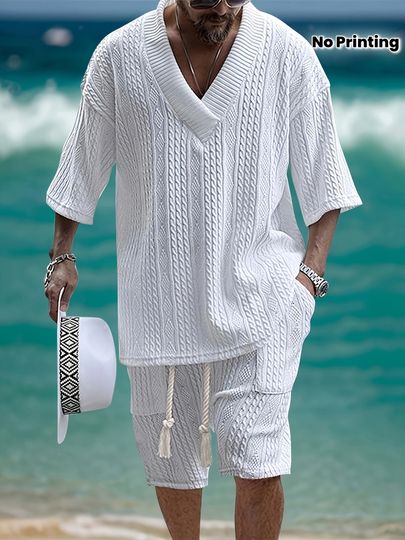 Men's White Knit V-Neck Casual Summer Set with Shorts