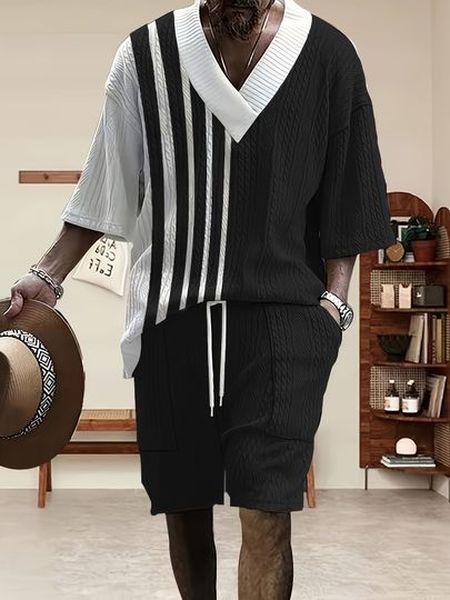 Black White Summer Men’s V-neck Casual Outfit For Men