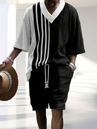 Men's 2-Piece Casual Summer Outfits Set - Contrast Design for Spring/Summer/Fall Leisure