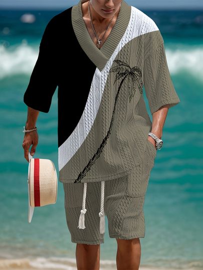 Discover Men's V-Neck Casual Summer Sweater Set, Short Sleeve Shorts Knit Outfit