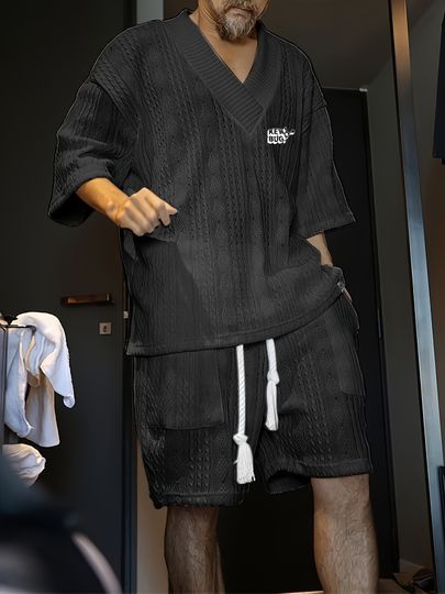Discover Jacquard V-Neck Shorts Set for Men, Breathable Summer Casual Outfit for Teenagers
