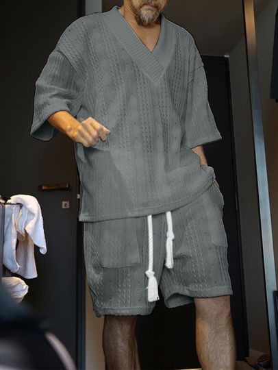 Men's Summer V-Neck Casual Outfit Set Short Sleeve T-Shirt and Shorts