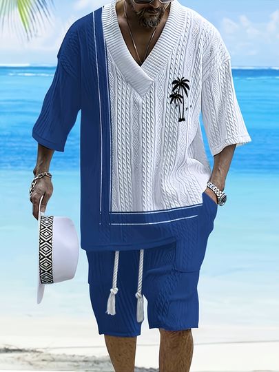 Men’s V-neck Summer Casual Short Sleeve Shorts Two-Piece Set