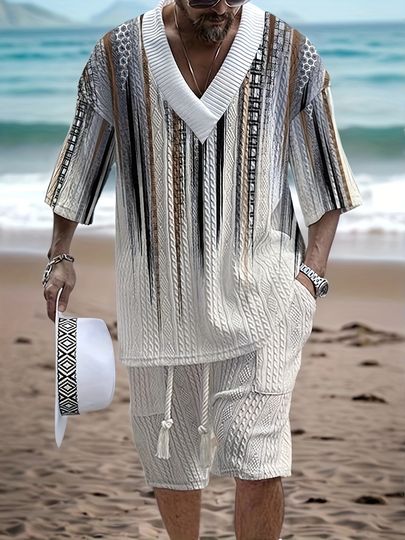 Men's Casual V-Neck Summer Set with Geometric Stripes and Vintage Patterns