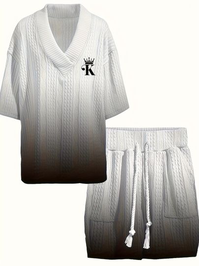 Men's V-Neck Casual Summer Outfit Set, Gradient Color Print, Suitable for Beach Vacations and Leisure