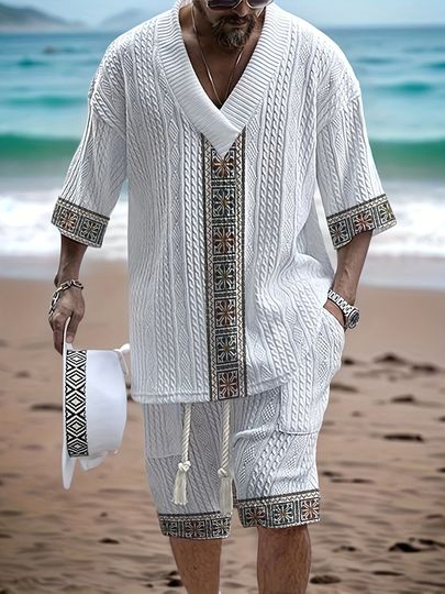 Men's V-Neck Casual Summer Outfit Set Short Sleeve